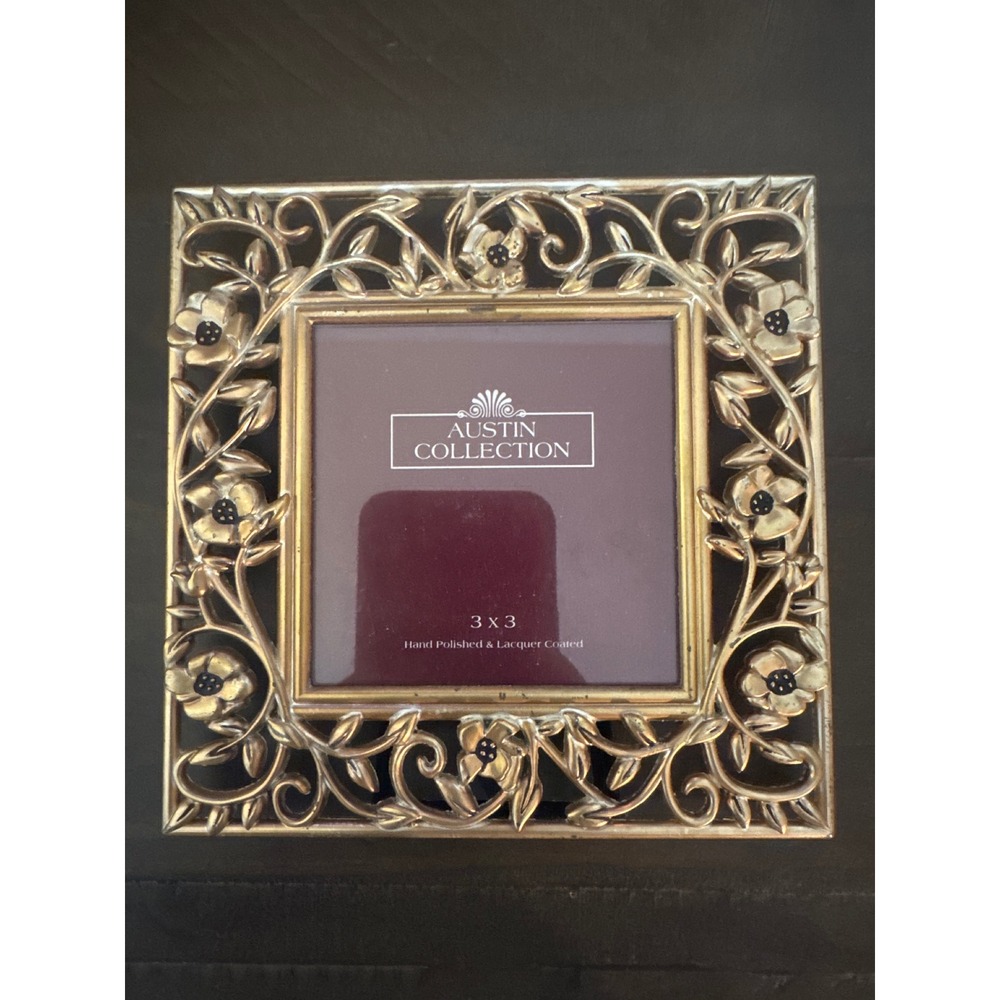 Austin Collection Gold Metal Floral Filigree 3x3 Square Picture Frame Vintage